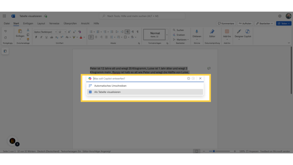 MS Word 365: Daten aus Text mit Hilfe von Copilot in Tabelle visualisieren