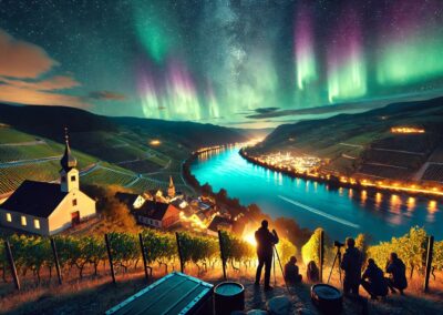 KI-generiertes Bild einer Aurora Borealis über der Donau