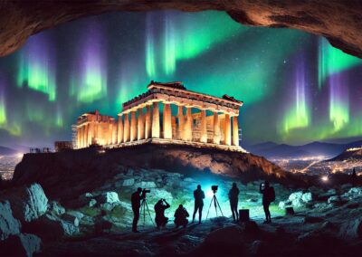 KI-generiertes Bild einer Aurora Borealis über der Akropolis in Athen