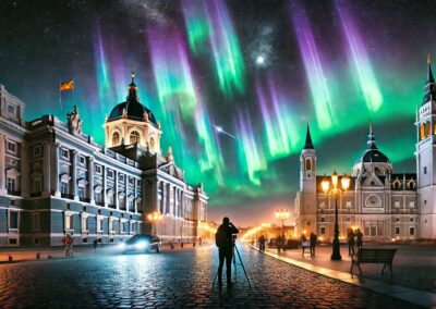 KI-generiertes Bild einer Aurora Borealis über Madrid